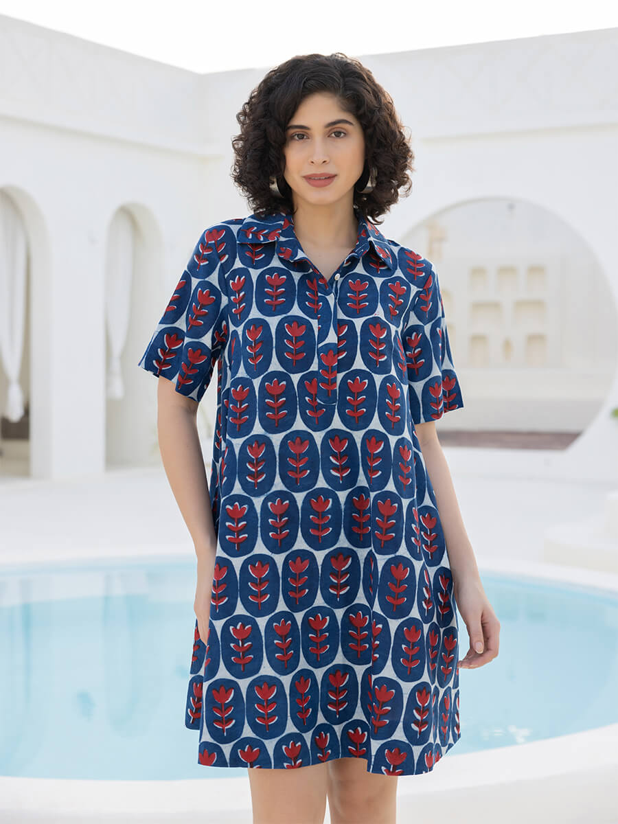 Blue & Red Women Cotton Midi Dress Pinklay (India) Blue & Red Women Cotton Midi Dress Pinklay (India)