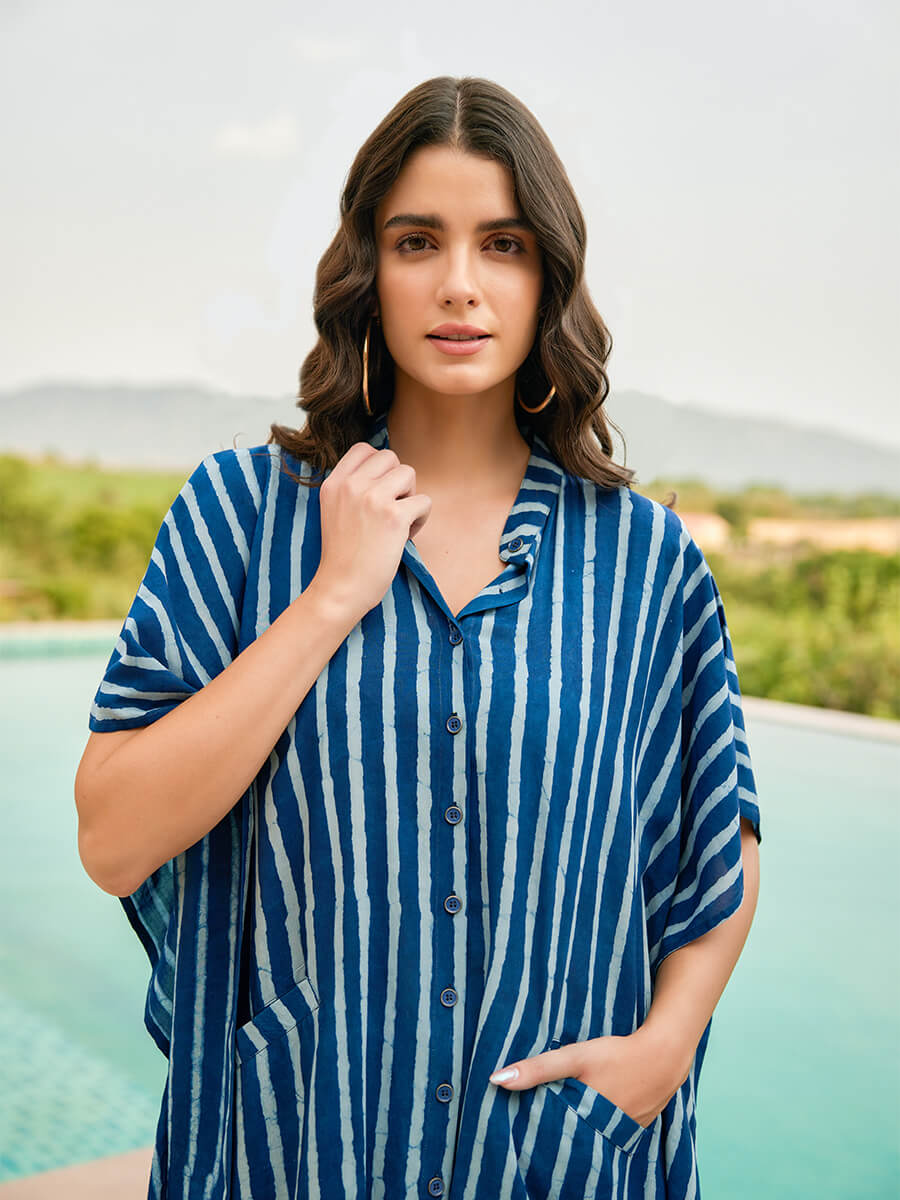 Sunkissed Indigo Kaftan Shirt Dress