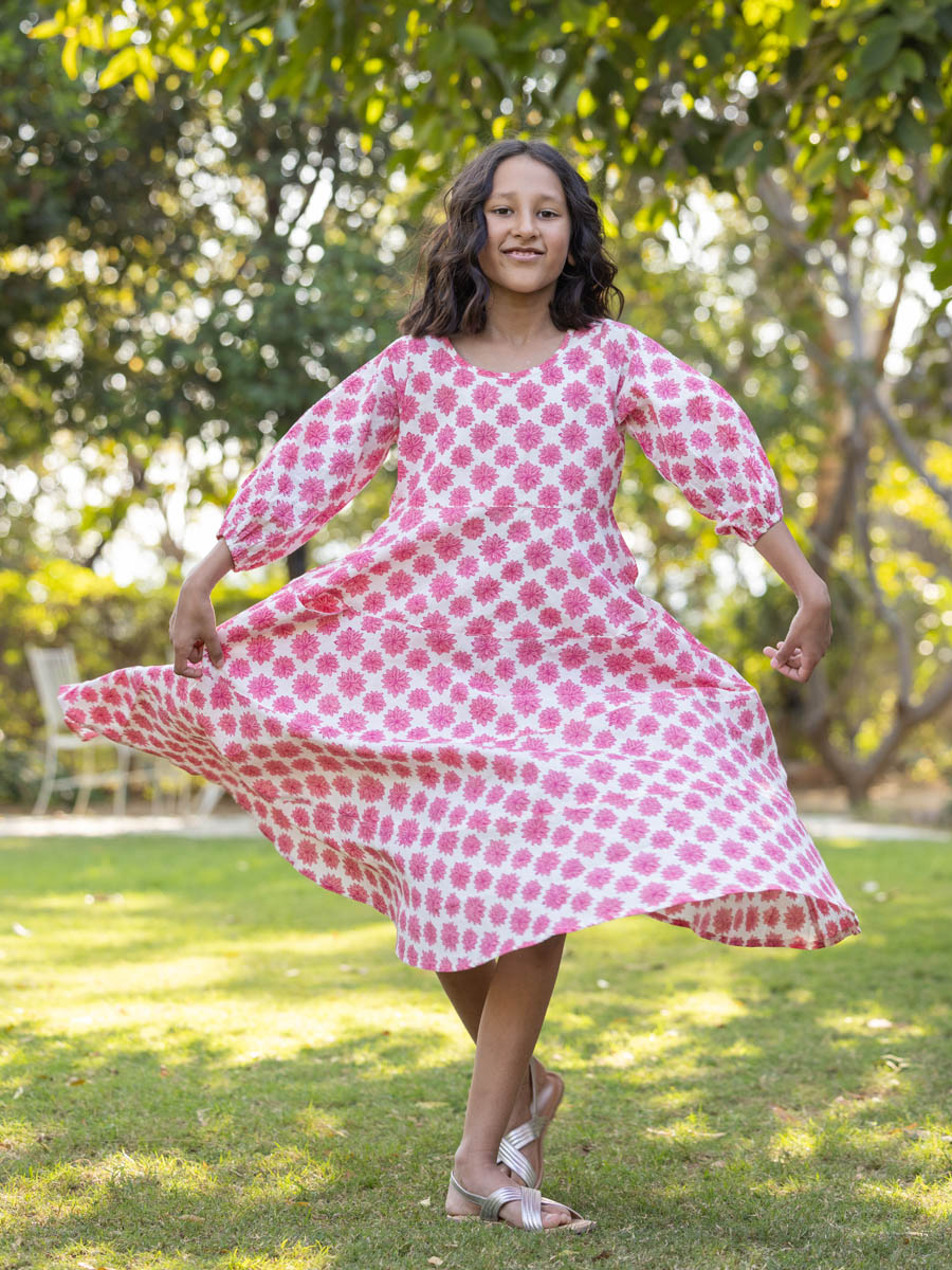 Pink & White Girls Organic Cotton Hand Block Printed Long Dress Pinklay Pink & White Girls Organic Cotton Hand Block Printed Long Dress Pinklay