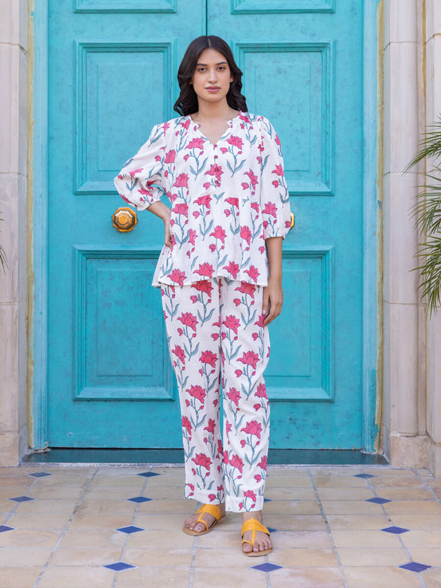 Set of 2 - Nagam Hand Block Top and Trousers - pinklay