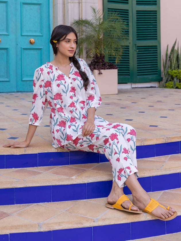 Set of 2 - Nagam Hand Block Top and Trousers - pinklay