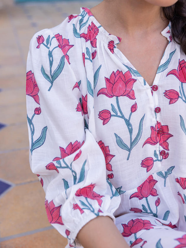 Set of 2 - Nagam Hand Block Top and Trousers - Pinklay