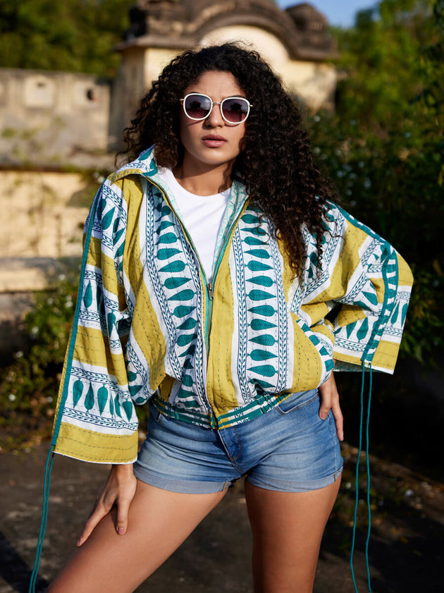 Rhapsody Kantha Embroidered Block Printed Bomber Jacket - Pinklay
