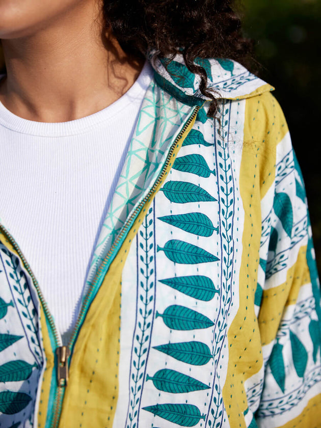 Rhapsody Kantha Embroidered Block Printed Bomber Jacket - Pinklay