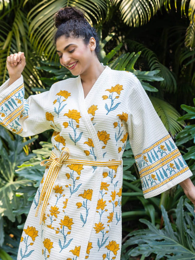 Sangeet Luxury Block Printed Cotton Bath Robe - Pinklay