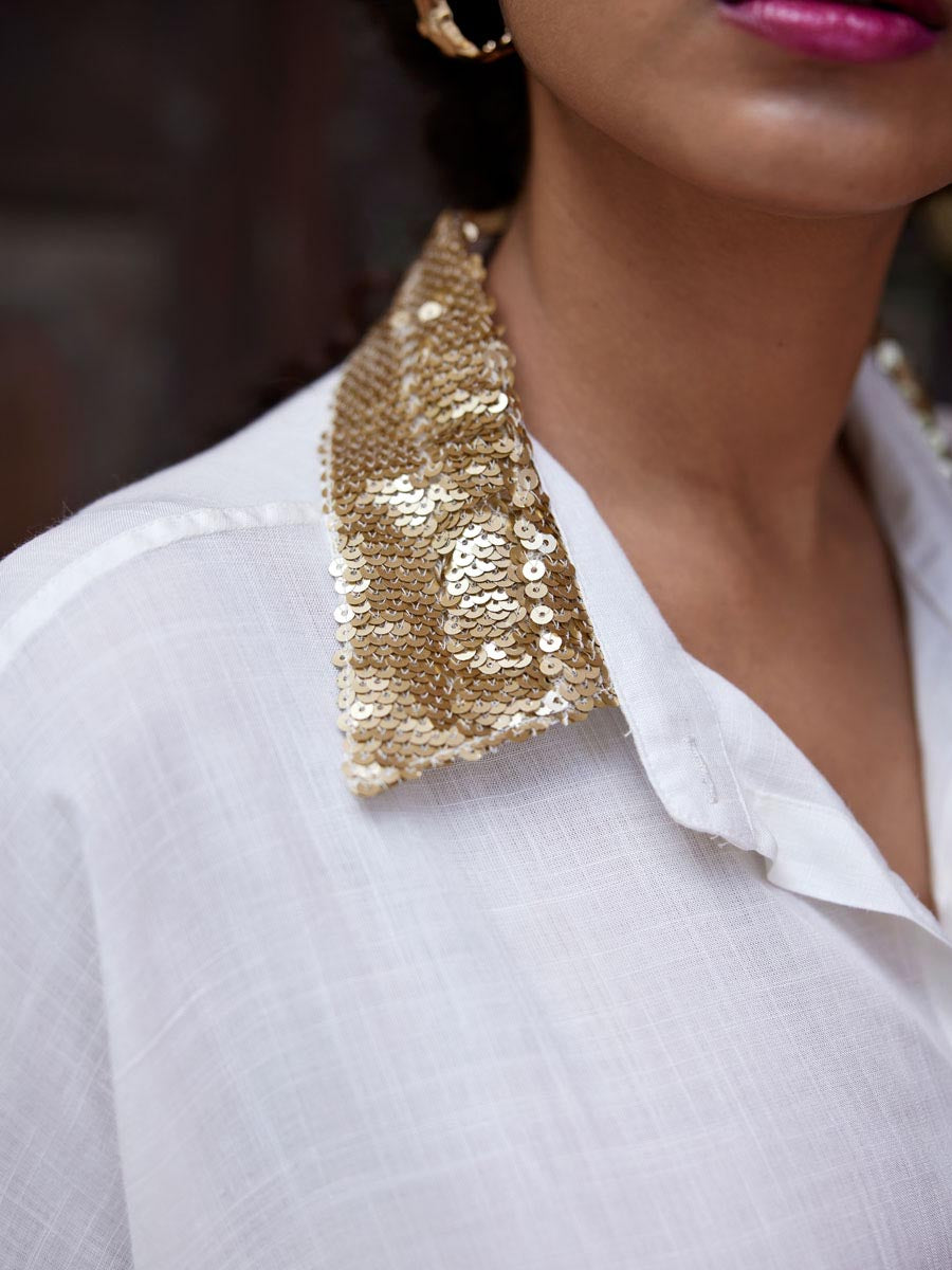 Set of Beverly Sequined White Shirt and Trousers| Pinklay