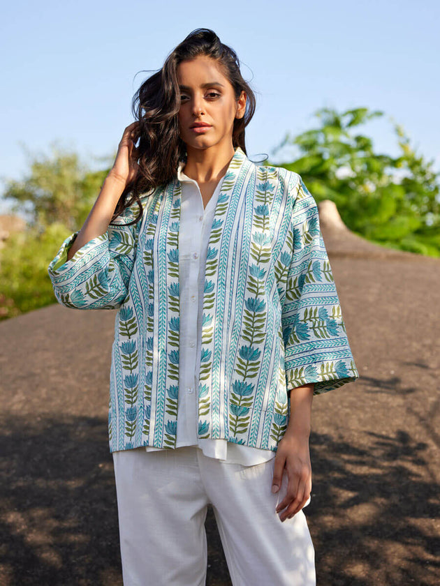 Silk Route Block Printed Cotton Kimono Jacket - Pinklay