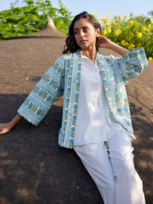 Silk Route Block Printed Cotton Kimono Jacket - Pinklay