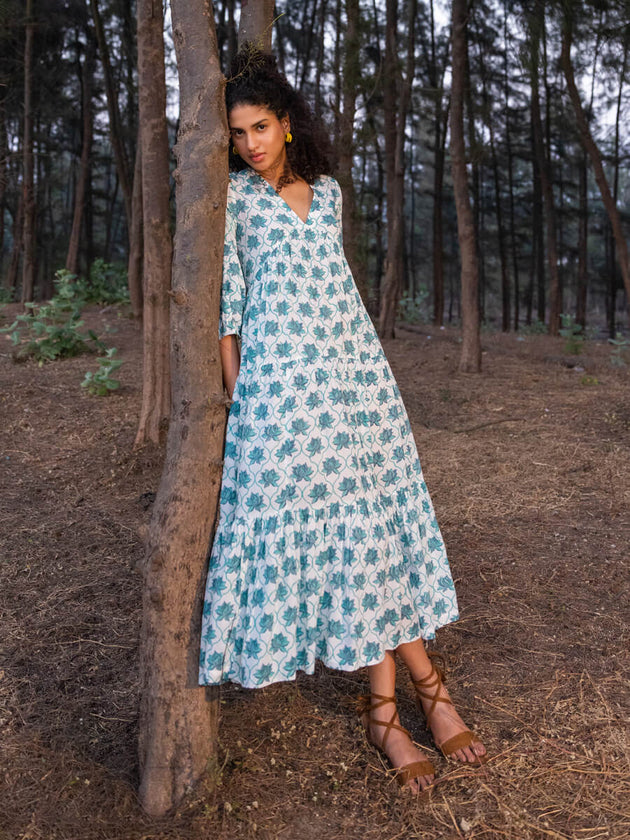 Sinamika Block Printed Modal Maxi Dress - Pinklay