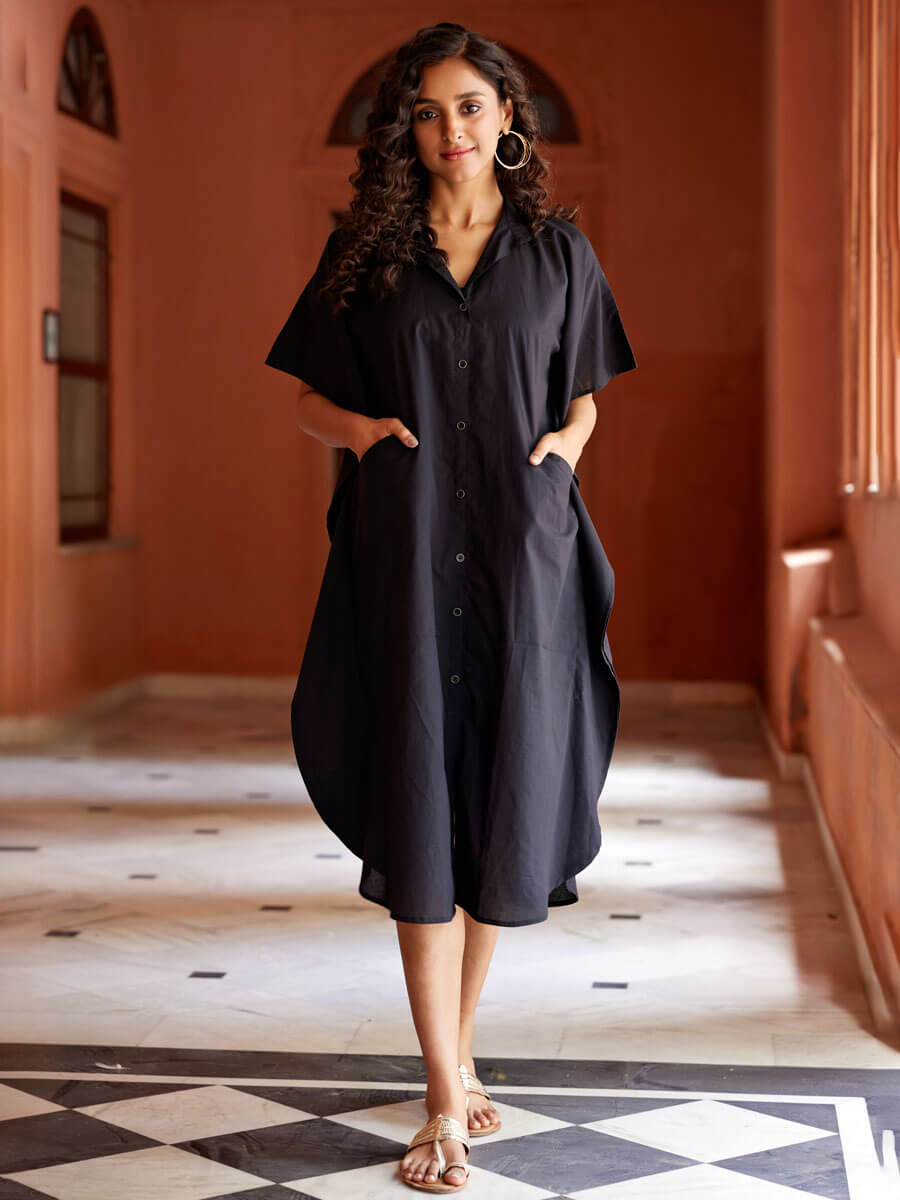 Sufi Black Cotton Shirt Dress