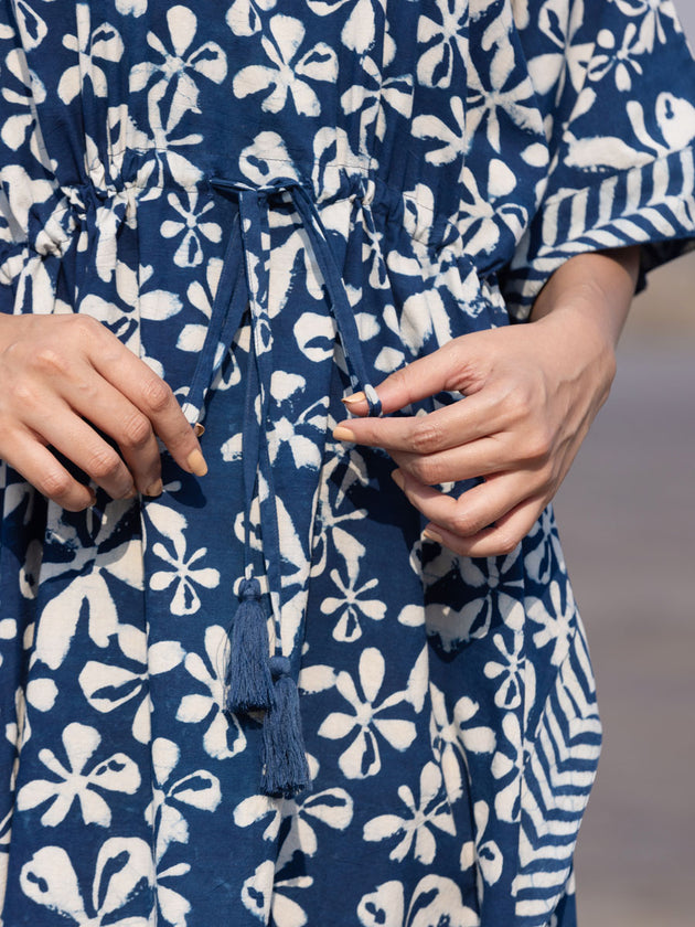 Swara Indigo Dabu Printed Cotton Kaftan - Pinklay