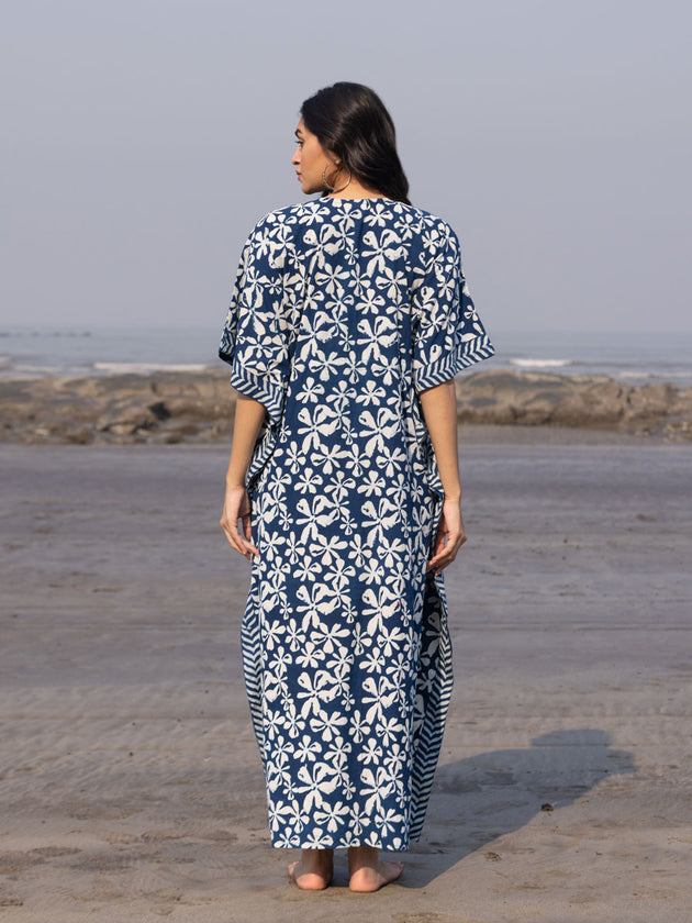 Swara Indigo Dabu Printed Cotton Kaftan - Pinklay