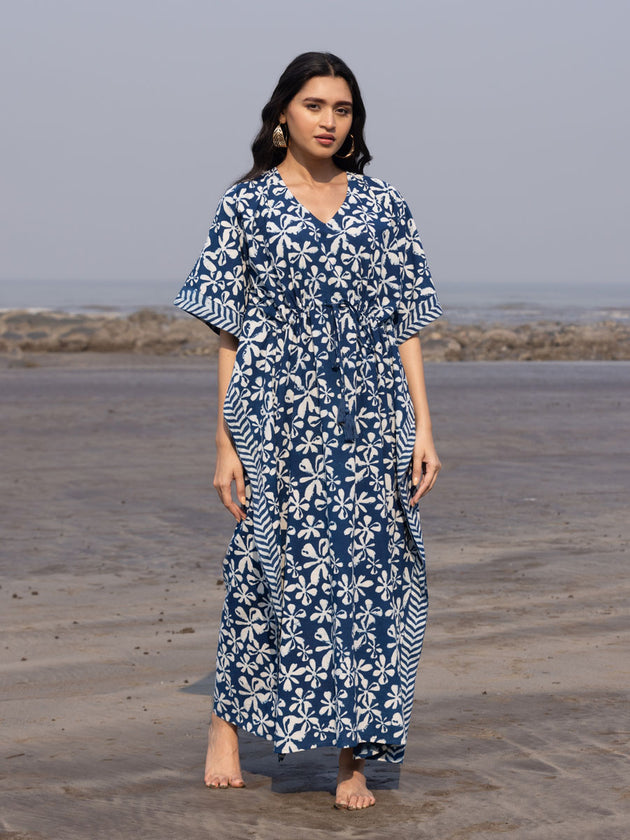 Swara Indigo Dabu Printed Cotton Kaftan - Pinklay