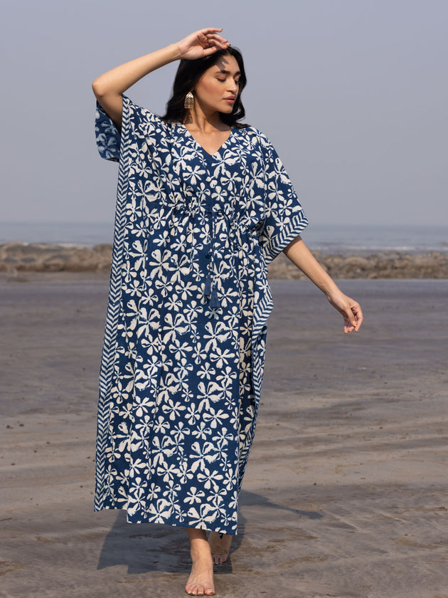Swara Indigo Dabu Printed Cotton Kaftan - Pinklay