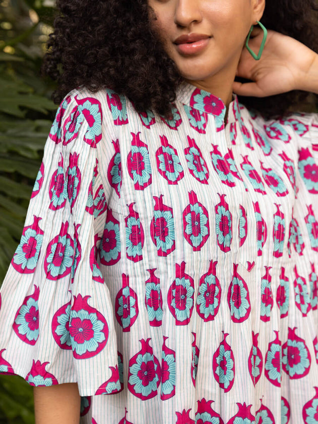 Tara Block Printed Cotton Pintuck Dress