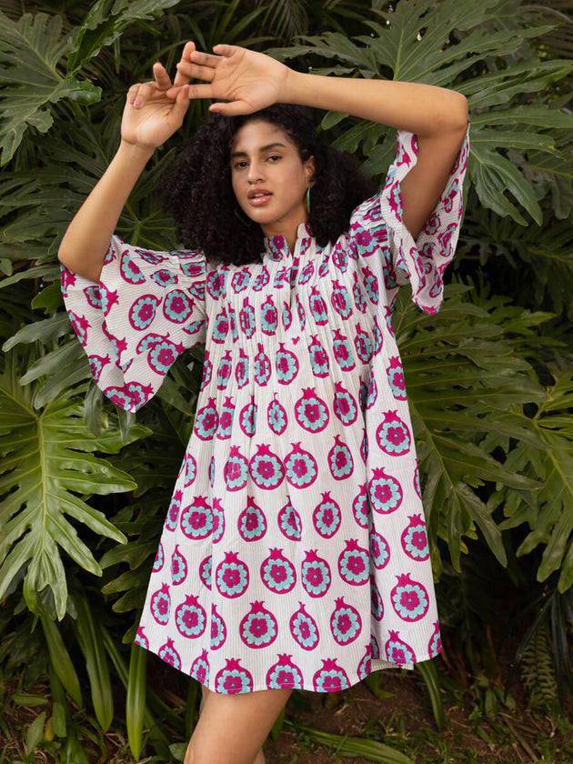 Tara Block Printed Cotton Pintuck Dress