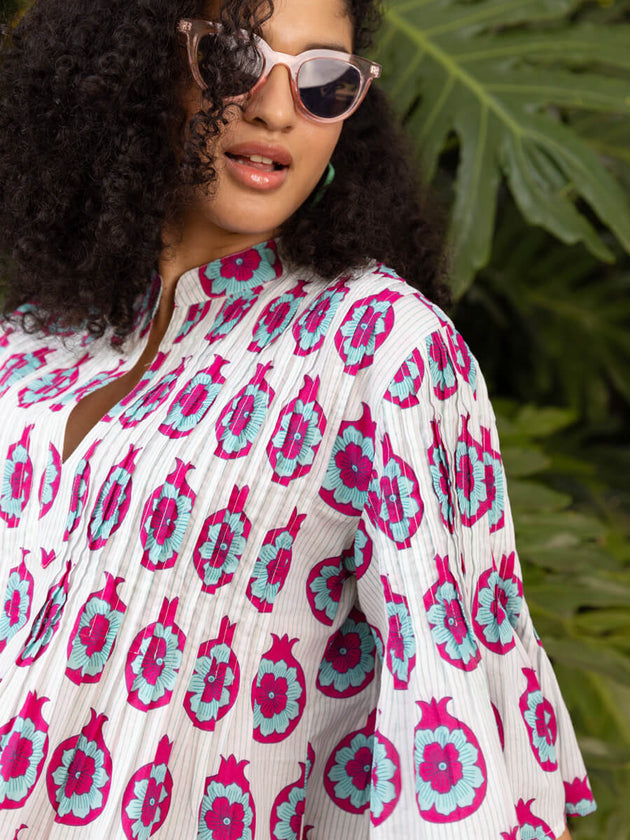 Tara Block Printed Cotton Pintuck Dress