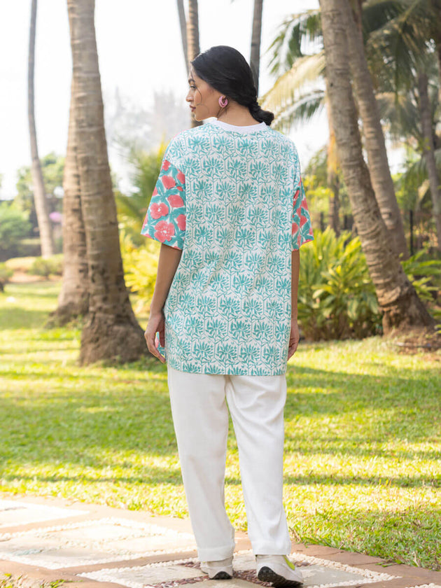 Tejas Hand Block Printed T-shirt - Oversized - Pinklay