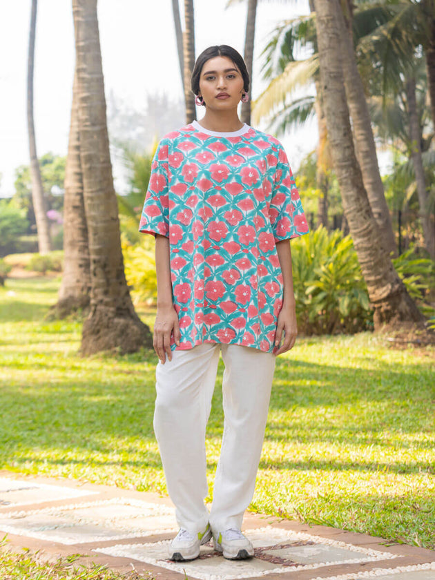 Tejas Hand Block Printed T-shirt - Oversized - Pinklay