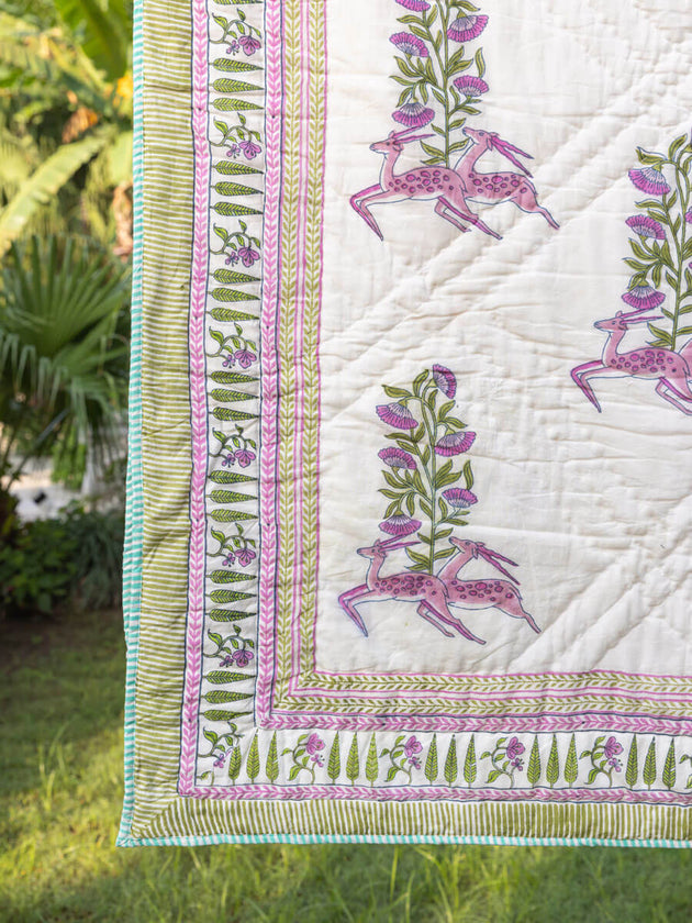 The Great Indian Stag Block Printed Cotton Quilt - Pinklay