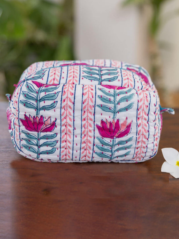 Lotus Love Block Print Cotton Travel Case - Pinklay