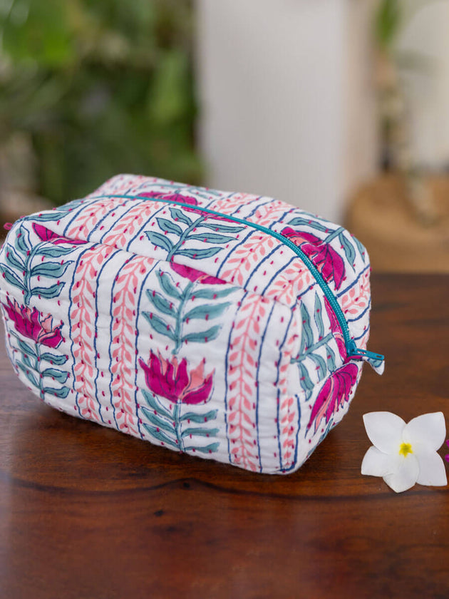 Lotus Love Block Print Cotton Travel Case - Pinklay