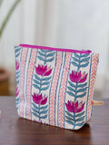 Lotus Love Hand Block Print Cotton Travel Pouch - Pinklay