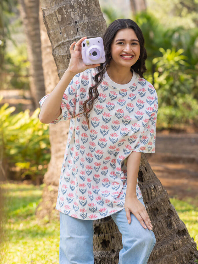 Vishwa Hand Block Printed T-shirt - Oversized - Pinklay