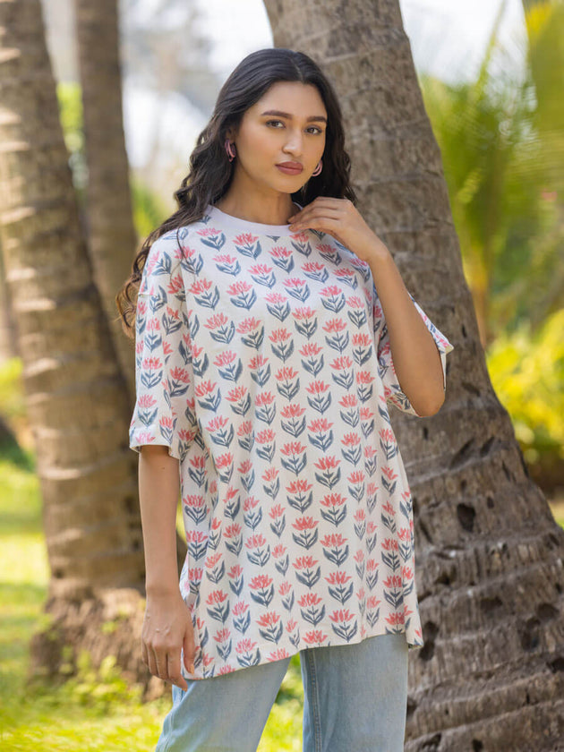 Vishwa Hand Block Printed T-shirt - Oversized - Pinklay