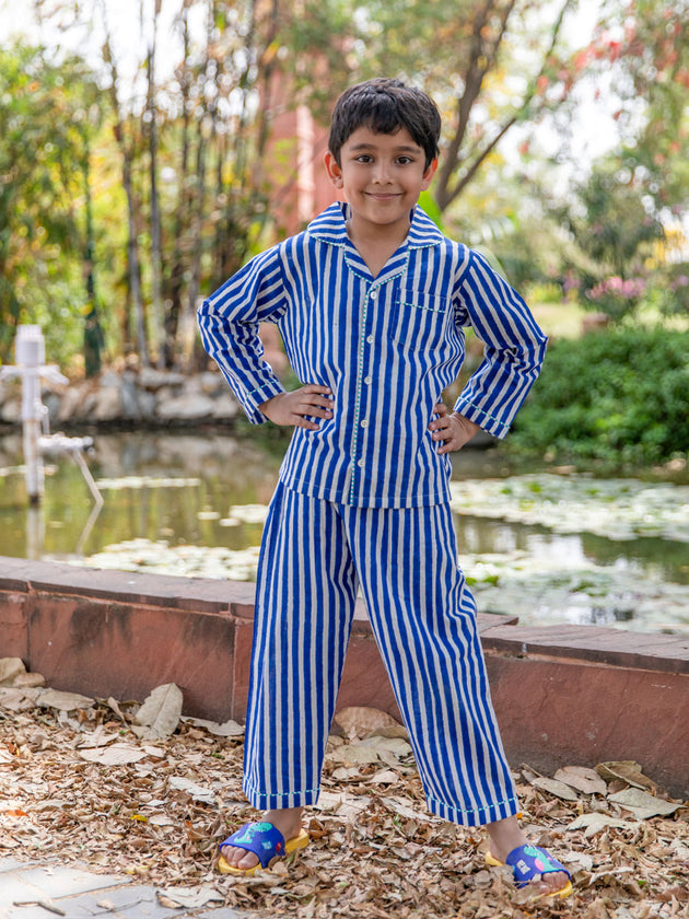 Blue Stripes Cotton Top & Pyjama Set - Pinklay