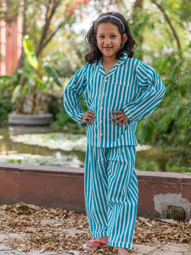 Turquoise Stripes Cotton Top & Pyjama Set - Pinklay