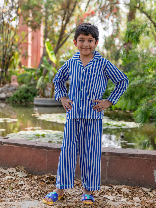 Blue Stripes Cotton Top & Pyjama Set - Pinklay