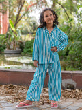 Turquoise Stripes Cotton Top & Pyjama Set - Pinklay