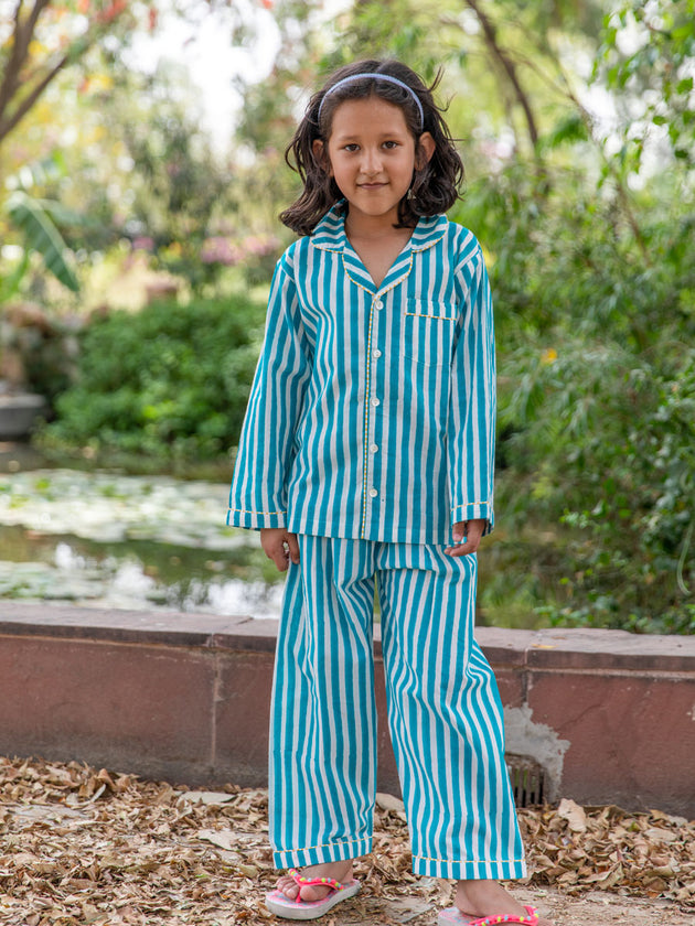 Turquoise Stripes Cotton Top & Pyjama Set - Pinklay
