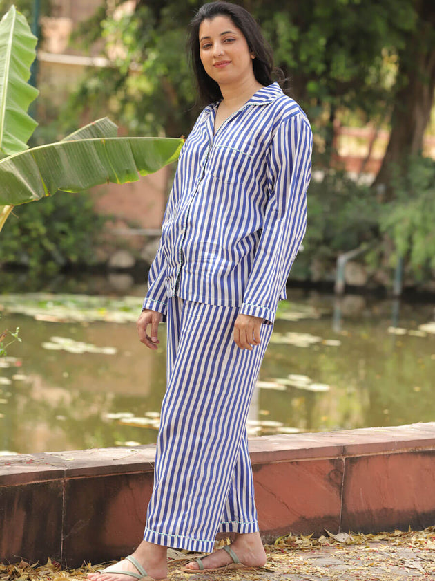 Blue Stripes Cotton Top & Pyjama Set - Pinklay