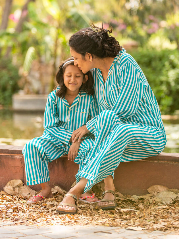 Turquoise Stripes Cotton Top & Pyjama Set - Pinklay