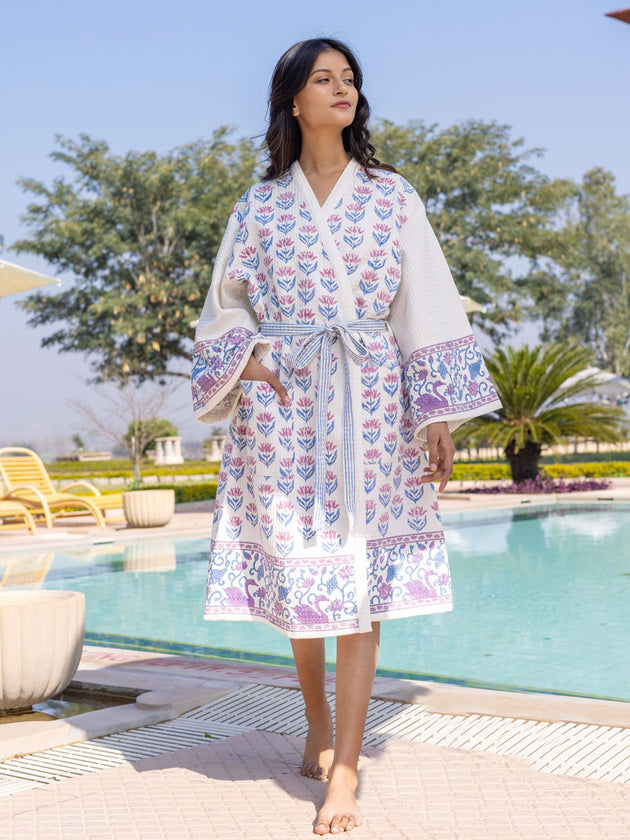 Neerja Luxury Block Printed Cotton Bath Robe - Pinklay