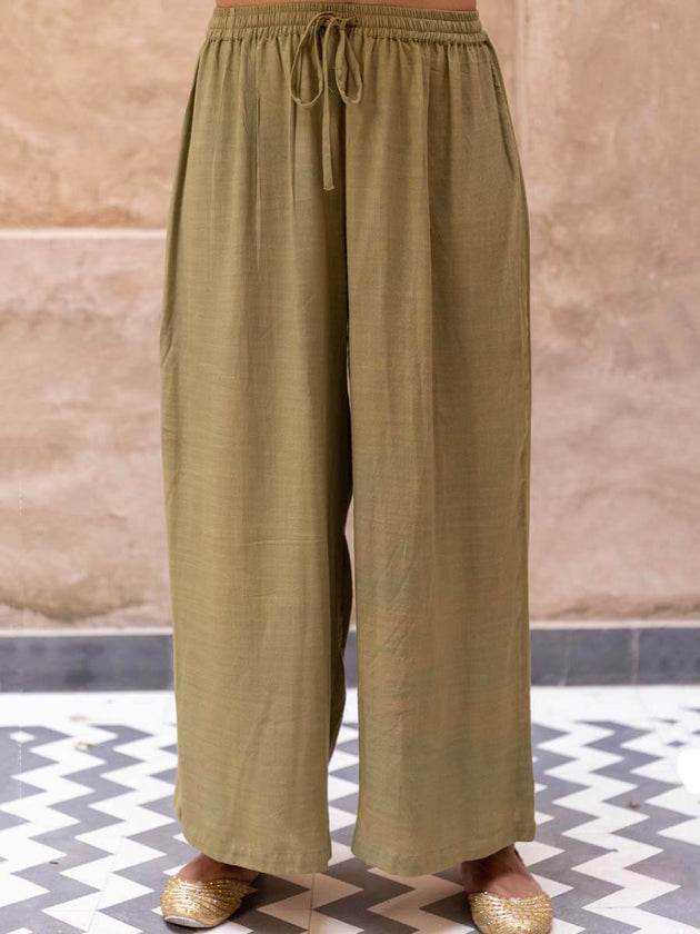 Solid Olive Rayon Slub Palazzo - Pinklay