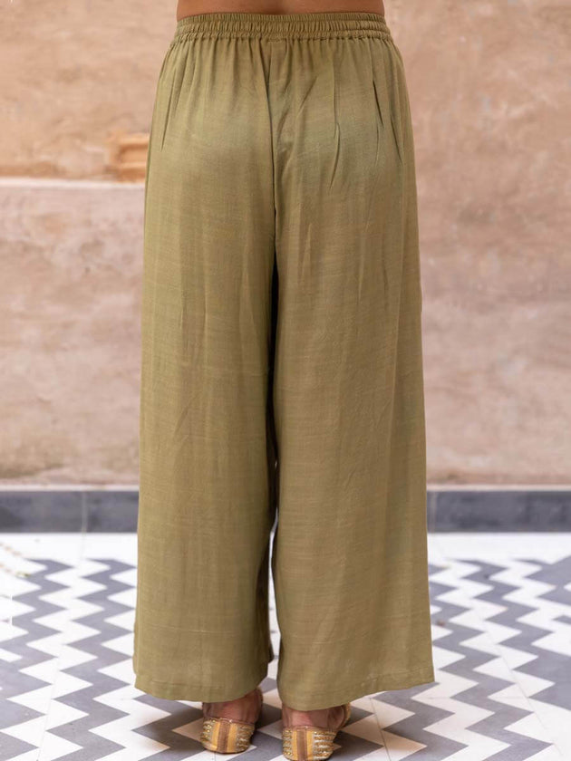 Solid Olive Rayon Slub Palazzo - Pinklay