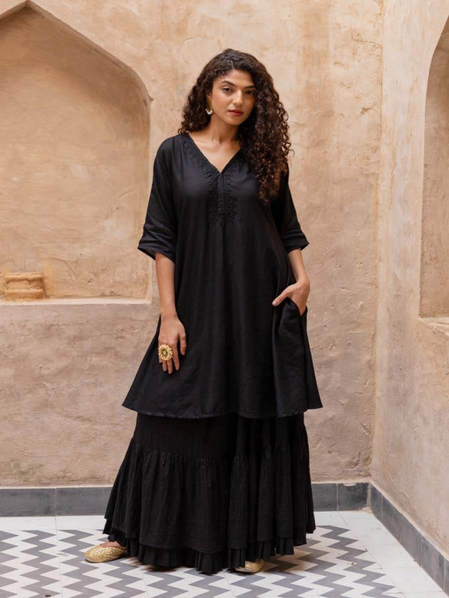 Black Rayon Embroidered Kurta | Pinklay