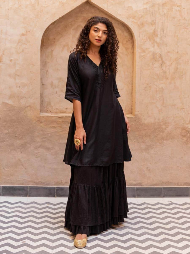 Black Rayon Embroidered Kurta | Pinklay
