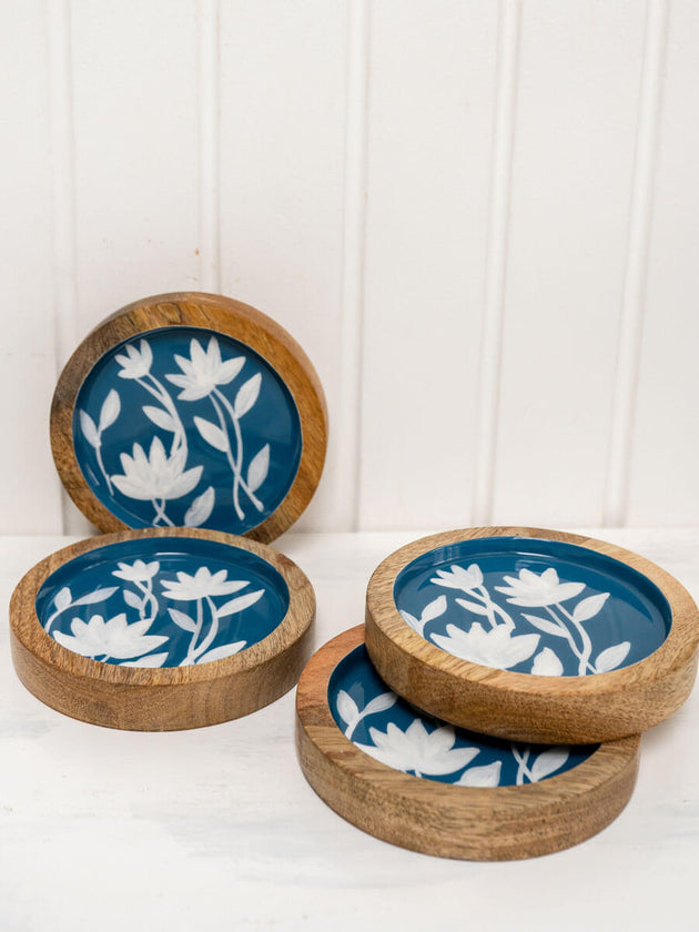 Set of 4 - Blue Garden Wooden Coasters - Pinklay