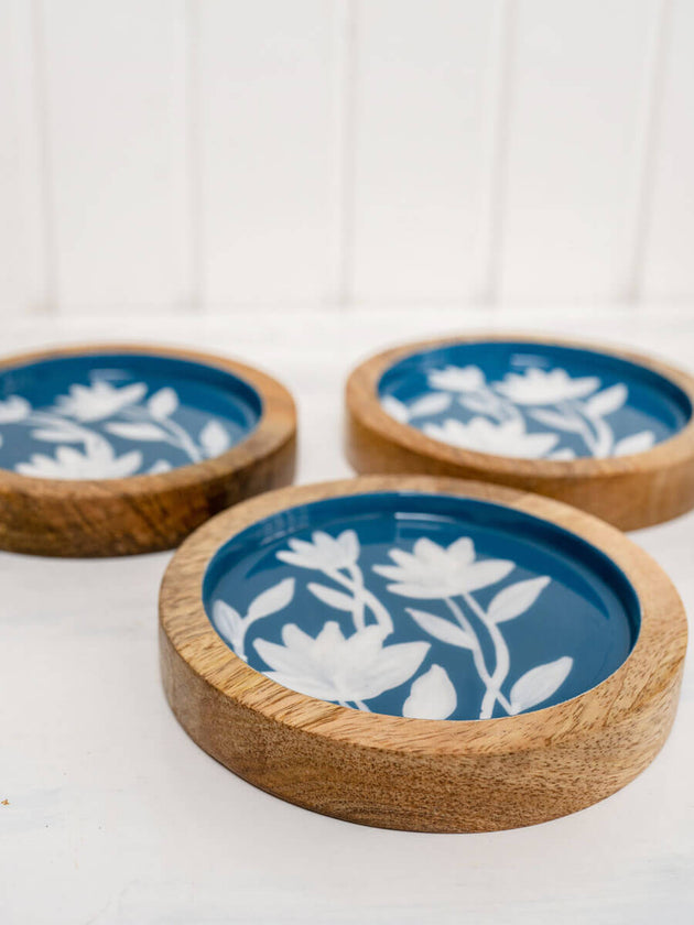 Set of 4 - Blue Garden Wooden Coasters - Pinklay