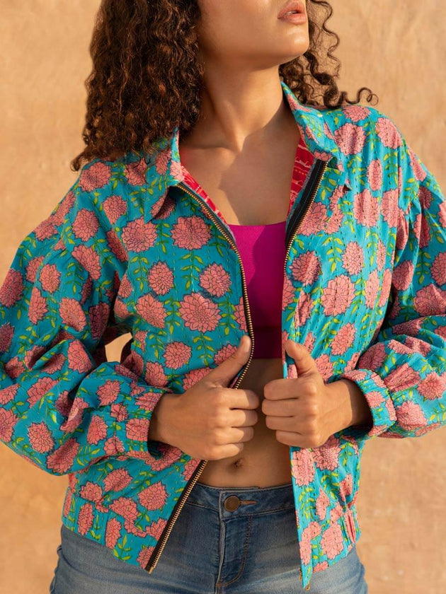 Bohemian Handblock Printed Bomber Jacket | Pinklay