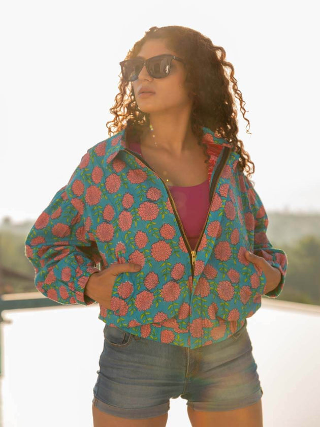 Bohemian Handblock Printed Bomber Jacket | Pinklay