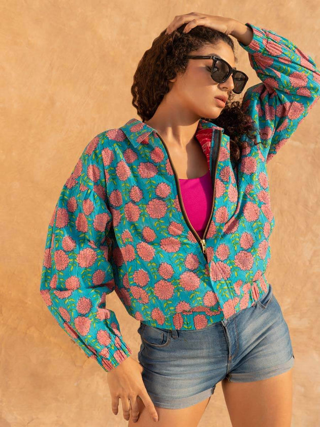 Bohemian Handblock Printed Bomber Jacket | Pinklay