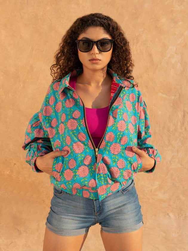 Bohemian Handblock Printed Bomber Jacket | Pinklay