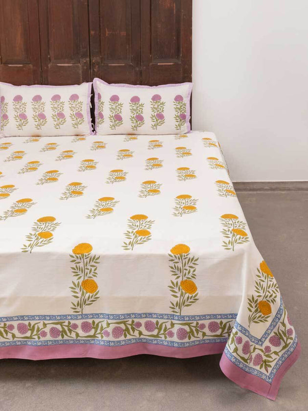 Champa Block Printed Cotton Bedsheet - Pinklay