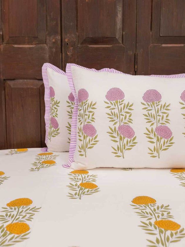Champa Block Printed Cotton Bedsheet - Pinklay