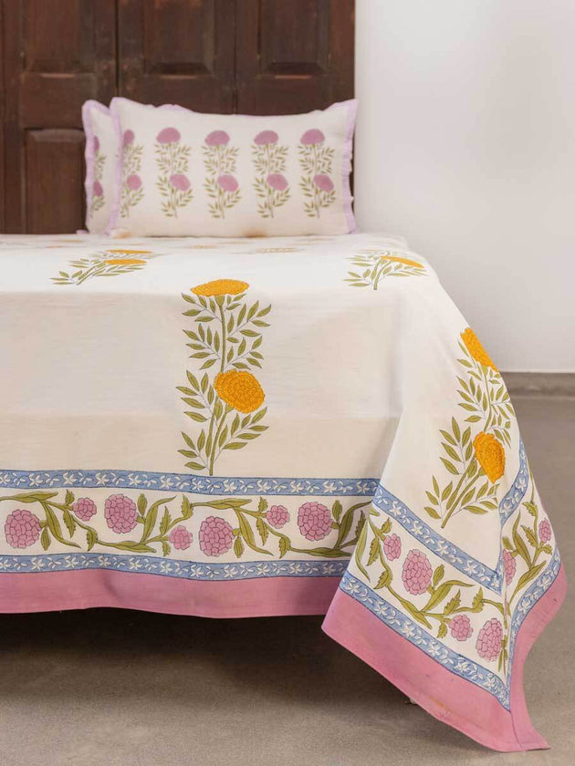 Champa Block Printed Cotton Bedsheet - Pinklay